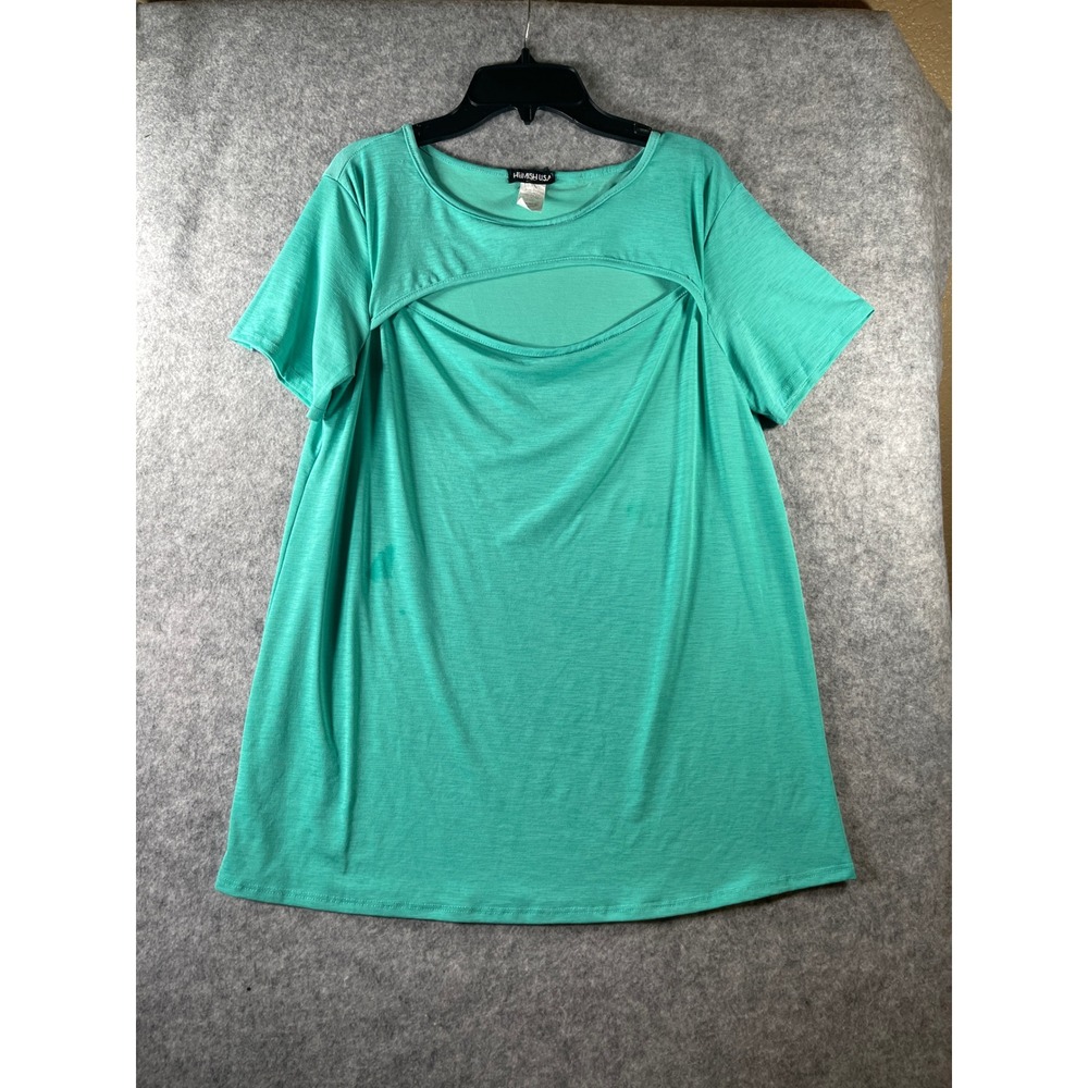 Heimish USA Womens Teal Green Cutout Front Short Sleeve Knit Top Size M